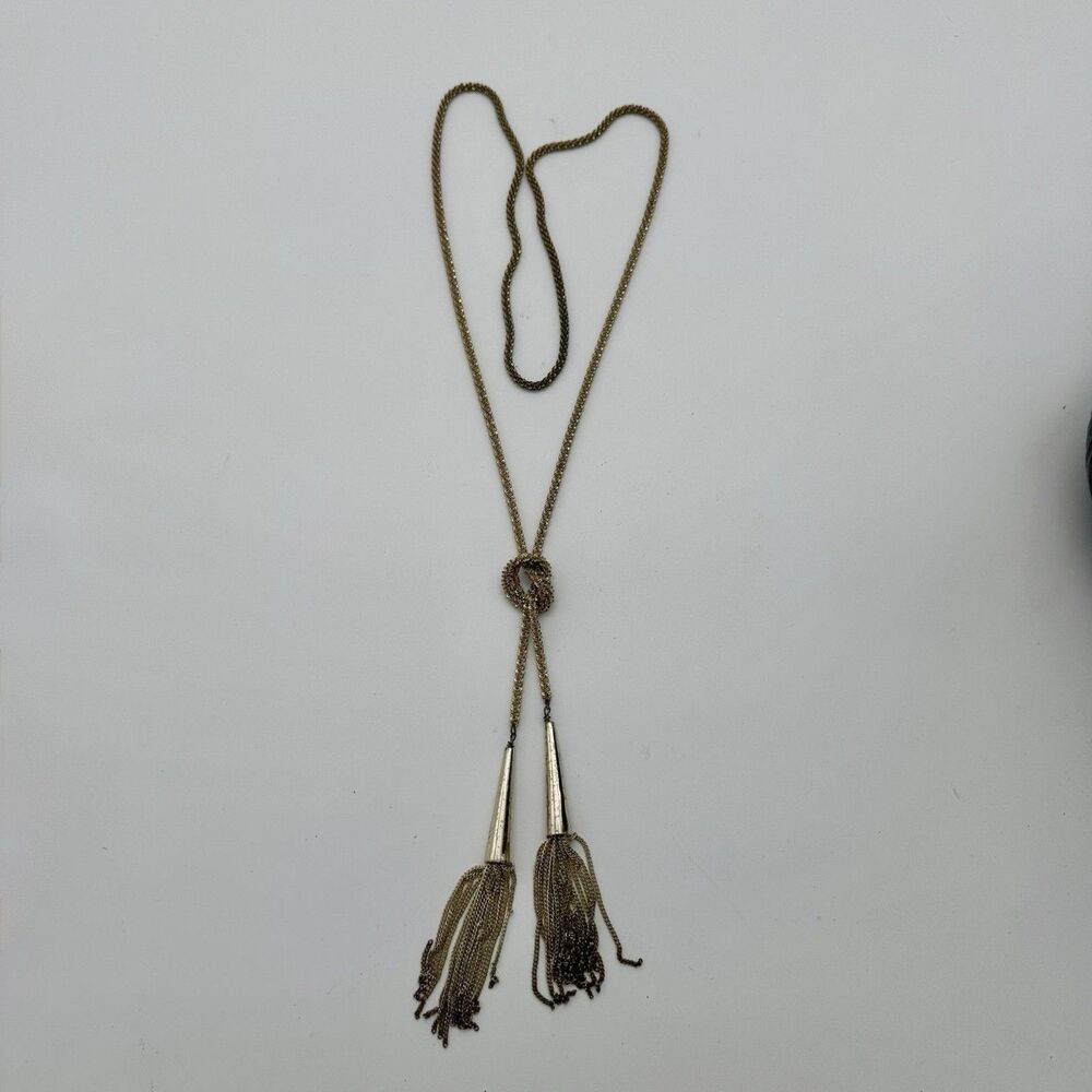 Gold Toned Knotted Rope Lariat Tassle Necklace Flapper Boho Bohemian Costume